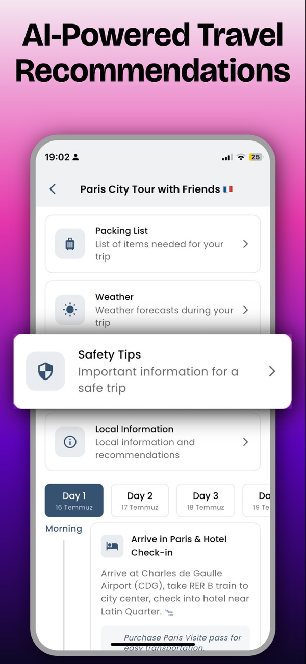 Trip screen with packing list, weather, safety tips and local information