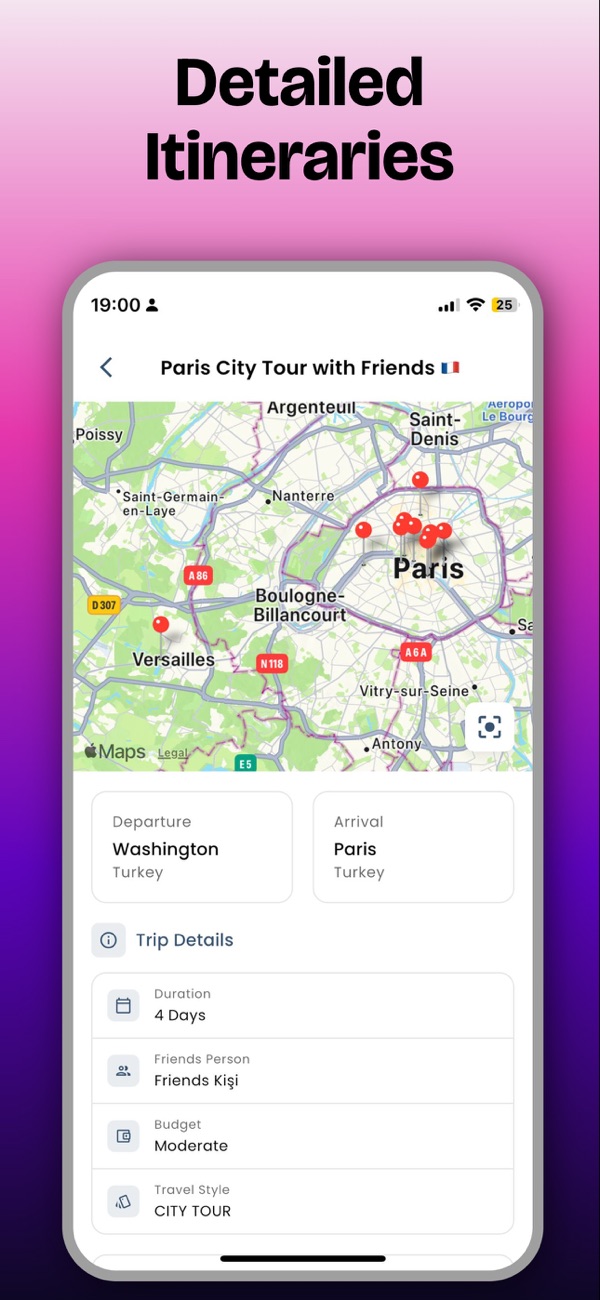 Map of a Paris itinerary with stops, plus trip details